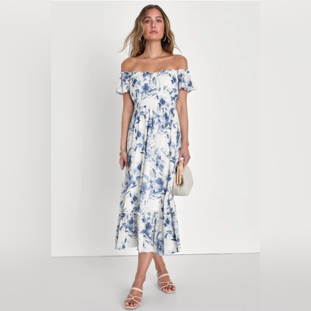 NWOT Lulu's White Floral Off-the-Shoulder Midi Dress Size L=10/12 - Picture 4 of 5